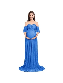 Women Off Shoulder Ruffle Sleeve Floral Lace Maternity Gown Fit Maxi Pregnancy Photography Dress for Baby Shower Photoshoot