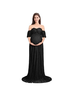 Women Off Shoulder Ruffle Sleeve Floral Lace Maternity Gown Fit Maxi Pregnancy Photography Dress for Baby Shower Photoshoot