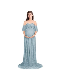 Women Off Shoulder Ruffle Sleeve Floral Lace Maternity Gown Fit Maxi Pregnancy Photography Dress for Baby Shower Photoshoot