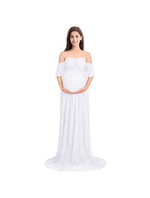 Women Off Shoulder Ruffle Sleeve Floral Lace Maternity Gown Fit Maxi Pregnancy Photography Dress for Baby Shower Photoshoot