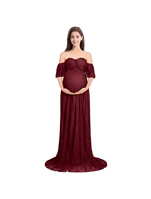 Women Off Shoulder Ruffle Sleeve Floral Lace Maternity Gown Fit Maxi Pregnancy Photography Dress for Baby Shower Photoshoot