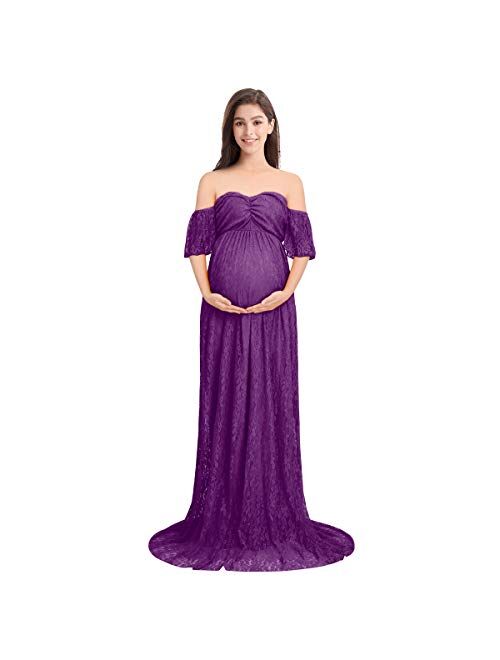 Women Off Shoulder Ruffle Sleeve Floral Lace Maternity Gown Fit Maxi Pregnancy Photography Dress for Baby Shower Photoshoot