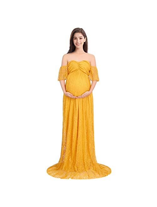 Women Off Shoulder Ruffle Sleeve Floral Lace Maternity Gown Fit Maxi Pregnancy Photography Dress for Baby Shower Photoshoot