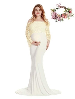 Women's Lace Off Shoulder Long Sleeve Maxi Maternity Gown Photography Dress