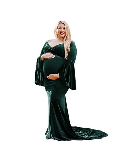 Maternity Elegant Velvet Maternity Gown Long Sleeve Slim Fit Maxi Photography Dress