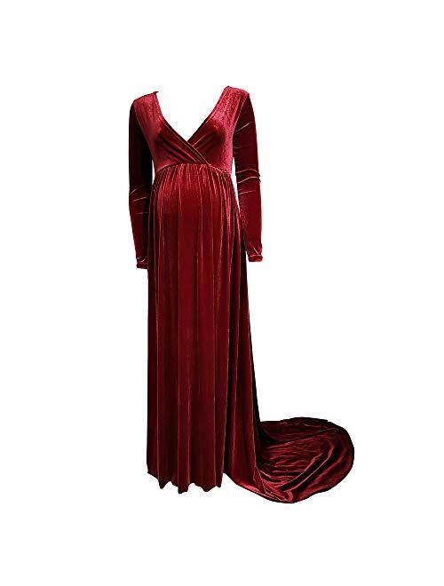 Maternity Elegant Velvet Maternity Gown Long Sleeve Slim Fit Maxi Photography Dress