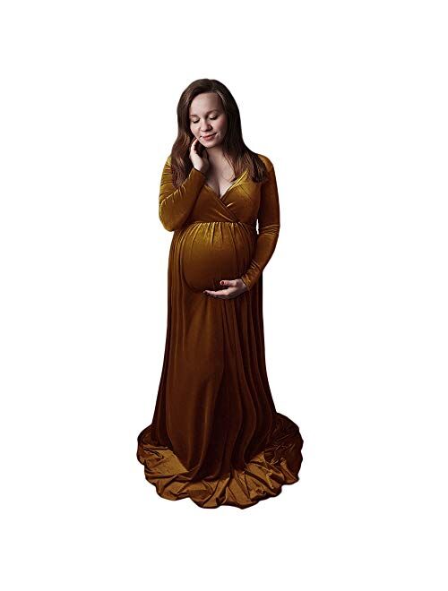 Maternity Elegant Velvet Maternity Gown Long Sleeve Slim Fit Maxi Photography Dress