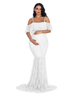 ZIUMUDY Fitted Lace Maternity Gown Ruffle Sleeve Mermaid Off Shoulder Photography Dress Baby Shower