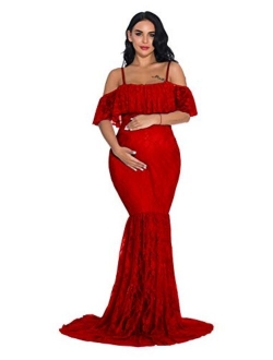 ZIUMUDY Fitted Lace Maternity Gown Ruffle Sleeve Mermaid Off Shoulder Photography Dress Baby Shower