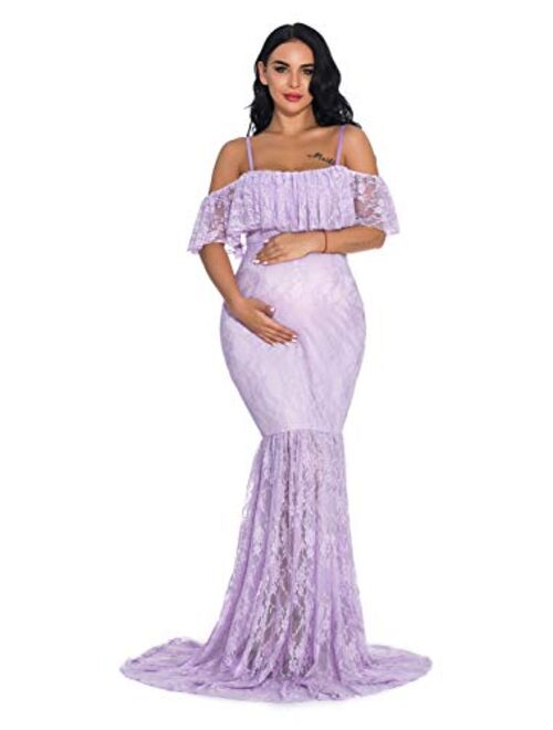 ZIUMUDY Fitted Lace Maternity Gown Ruffle Sleeve Mermaid Off Shoulder Photography Dress Baby Shower