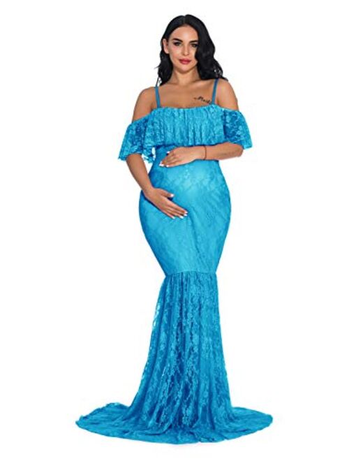 ZIUMUDY Fitted Lace Maternity Gown Ruffle Sleeve Mermaid Off Shoulder Photography Dress Baby Shower