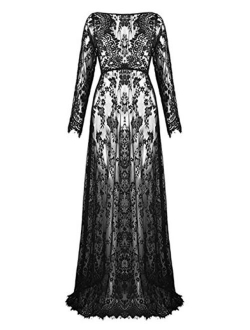 ZIUMUDY Sexy Deep V-Neck Long Sleeve Lace Beach See-Through Maternity Maxi Dress