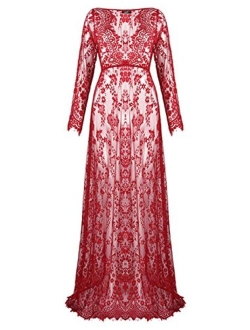 ZIUMUDY Sexy Deep V-Neck Long Sleeve Lace Beach See-Through Maternity Maxi Dress