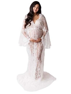 ZIUMUDY Sexy Deep V-Neck Long Sleeve Lace Beach See-Through Maternity Maxi Dress