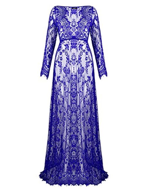 ZIUMUDY Sexy Deep V-Neck Long Sleeve Lace Beach See-Through Maternity Maxi Dress