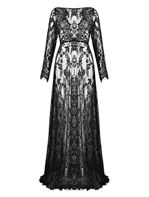 ZIUMUDY Sexy Deep V-Neck Long Sleeve Lace Beach See-Through Maternity Maxi Dress