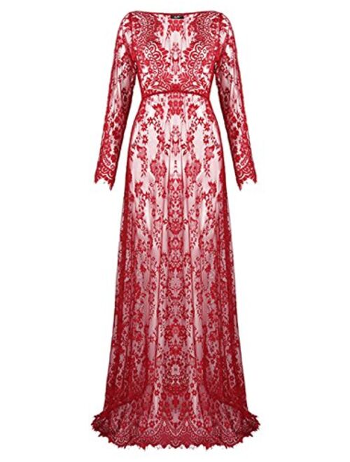 ZIUMUDY Sexy Deep V-Neck Long Sleeve Lace Beach See-Through Maternity Maxi Dress