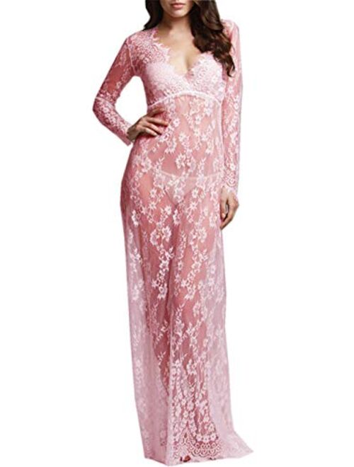 ZIUMUDY Sexy Deep V-Neck Long Sleeve Lace Beach See-Through Maternity Maxi Dress