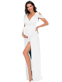 ZIUMUDY Maternity Off Shoulder V Neck Wraped Photography Photoshoot Dress Maxi Baby Shower Dress