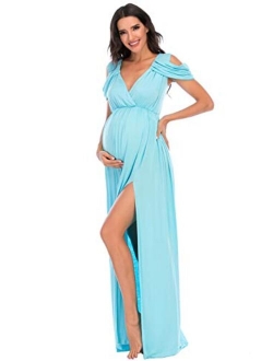 ZIUMUDY Maternity Off Shoulder V Neck Wraped Photography Photoshoot Dress Maxi Baby Shower Dress