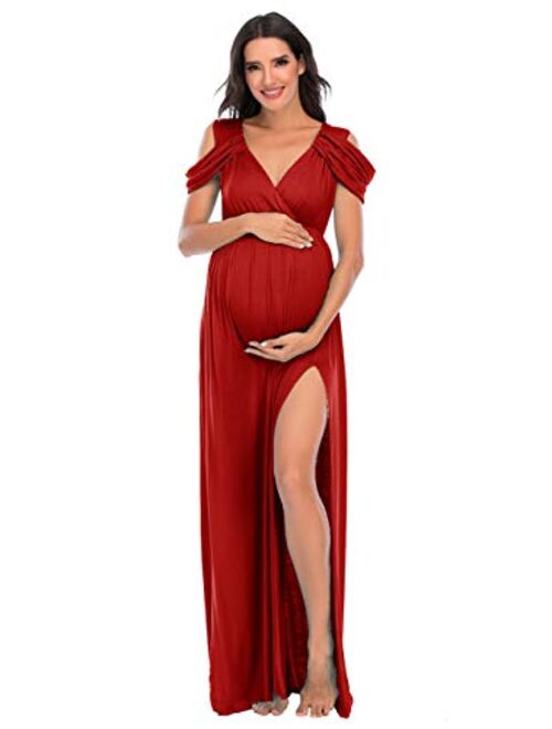 ZIUMUDY Maternity Off Shoulder V Neck Wraped Photography Photoshoot Dress Maxi Baby Shower Dress