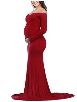 OQC Women's Elegant Fitted Maternity Gown Cross V Neck Ruched Long Sleeve Maxi Photography Dress