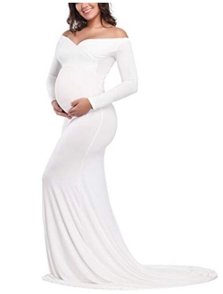 OQC Women's Elegant Fitted Maternity Gown Cross V Neck Ruched Long Sleeve Maxi Photography Dress