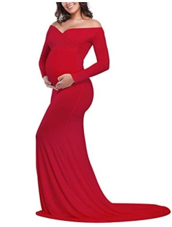 OQC Women's Elegant Fitted Maternity Gown Cross V Neck Ruched Long Sleeve Maxi Photography Dress