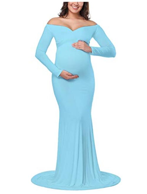 OQC Women's Elegant Fitted Maternity Gown Cross V Neck Ruched Long Sleeve Maxi Photography Dress