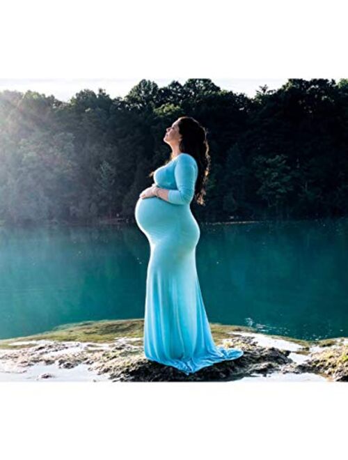 OQC Women's Elegant Fitted Maternity Gown Cross V Neck Ruched Long Sleeve Maxi Photography Dress