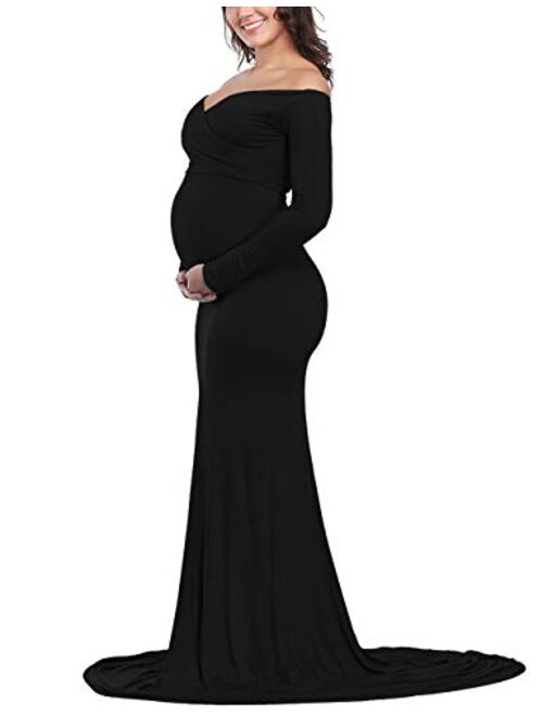 OQC Women's Elegant Fitted Maternity Gown Cross V Neck Ruched Long Sleeve Maxi Photography Dress