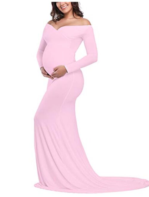 OQC Women's Elegant Fitted Maternity Gown Cross V Neck Ruched Long Sleeve Maxi Photography Dress