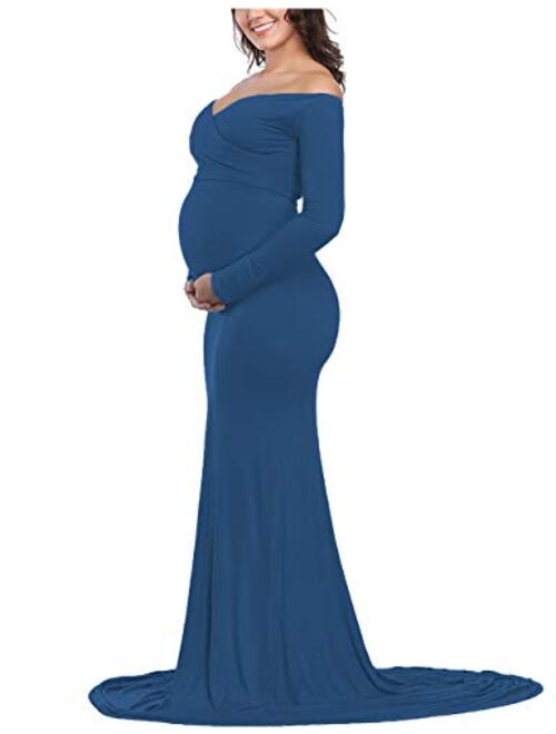 OQC Women's Elegant Fitted Maternity Gown Cross V Neck Ruched Long Sleeve Maxi Photography Dress