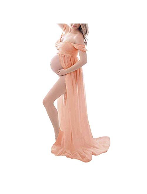 Maternity Chiffon Off Shoulder Gown Front Split Maxi Photoshoot Photography Dress