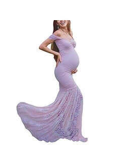 Women's Off Shoulder Ruffle Sleeves Lace Mermaid Maternity Slim Fit Gown Maxi Bridesmaid Photography Dress