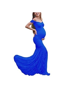 Women's Off Shoulder Ruffle Sleeves Lace Mermaid Maternity Slim Fit Gown Maxi Bridesmaid Photography Dress