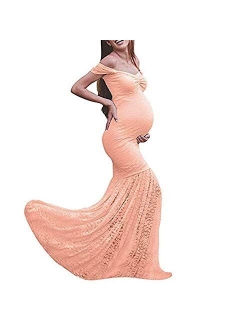 Women's Off Shoulder Ruffle Sleeves Lace Mermaid Maternity Slim Fit Gown Maxi Bridesmaid Photography Dress