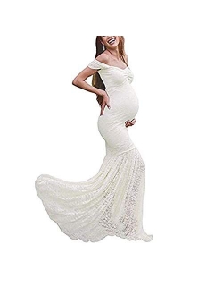 Women's Off Shoulder Ruffle Sleeves Lace Mermaid Maternity Slim Fit Gown Maxi Bridesmaid Photography Dress