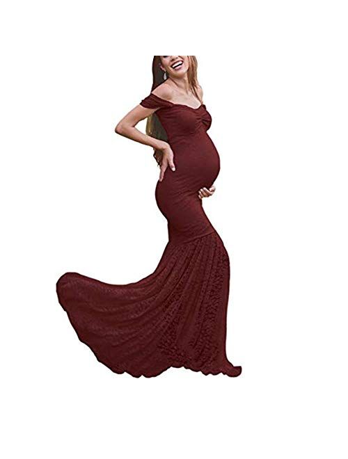 Women's Off Shoulder Ruffle Sleeves Lace Mermaid Maternity Slim Fit Gown Maxi Bridesmaid Photography Dress