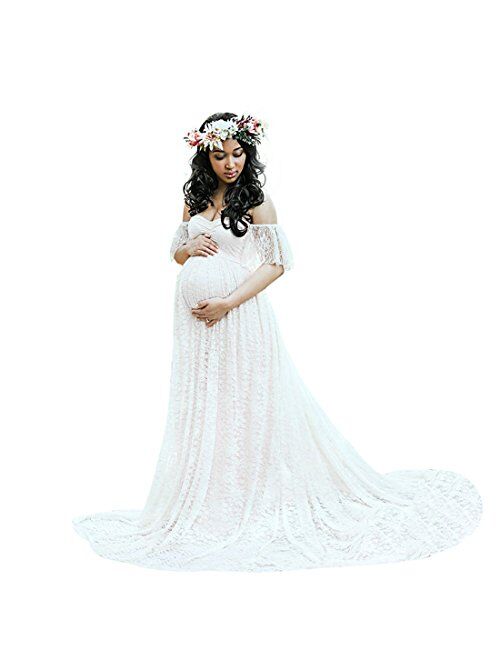 Hemlock Long Maternity Dress, Women Lace Maternity Photo Dress Off Shoulder Photography Pregnancy Dress Wedding Party Dress