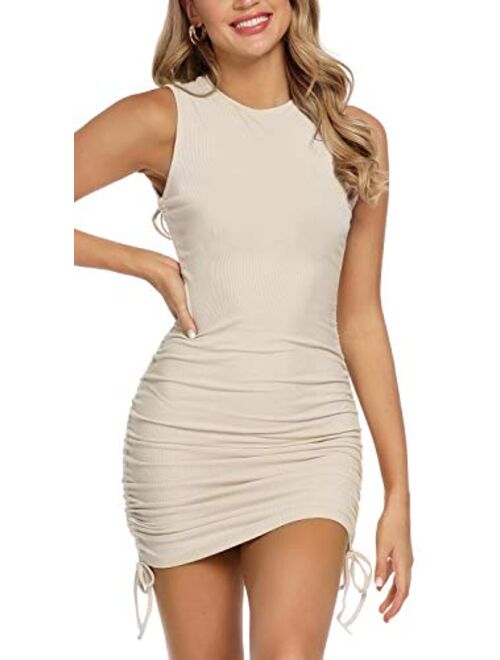 MYHEAT MH Drawstring Bodycon Mini Dress Solid Color Sheath Ruched Side Lace Up Dresses for Women