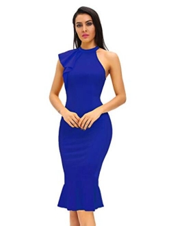 Shopall Women's Ruffle Sleeve One High Neck Midi Bodycon Cocktail Party Dress