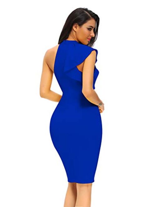 Shopall Women's Ruffle Sleeve One High Neck Midi Bodycon Cocktail Party Dress