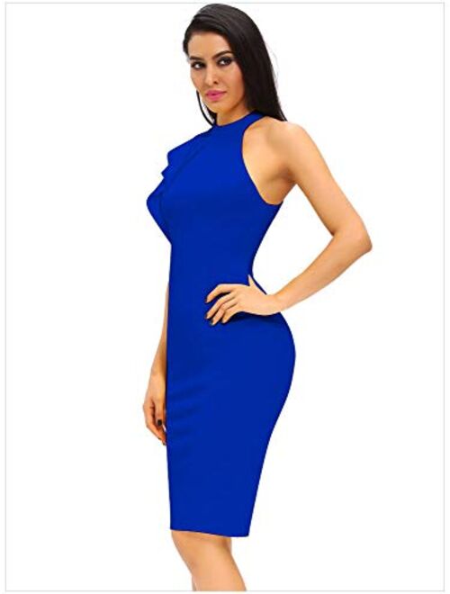 Shopall Women's Ruffle Sleeve One High Neck Midi Bodycon Cocktail Party Dress