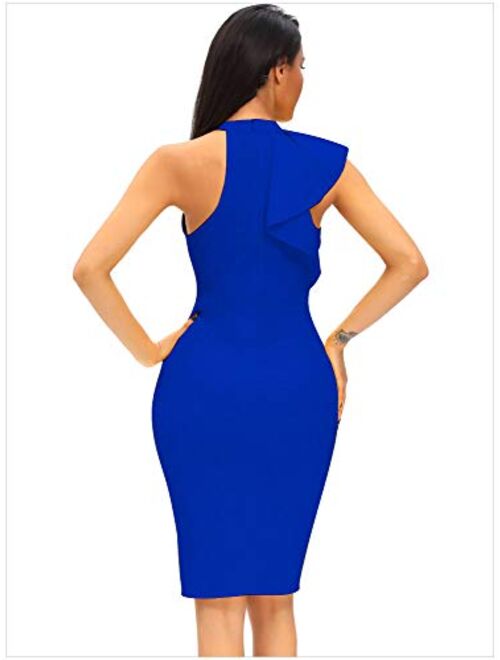 Shopall Women's Ruffle Sleeve One High Neck Midi Bodycon Cocktail Party Dress