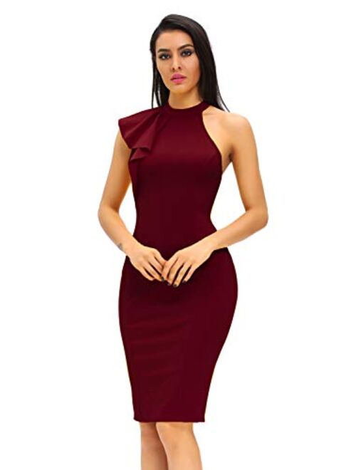 Shopall Women's Ruffle Sleeve One High Neck Midi Bodycon Cocktail Party Dress