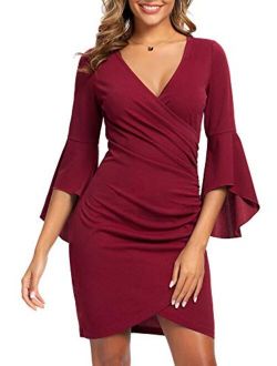 ZABERRY 3/4 Sleeve V Neck Dress Party Cocktail Wrap Bell Sleeve Dress