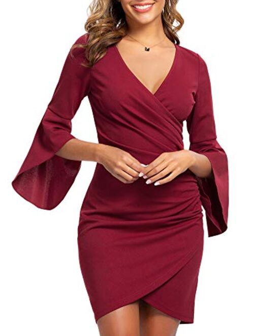 ZABERRY 3/4 Sleeve V Neck Dress Party Cocktail Wrap Bell Sleeve Dress