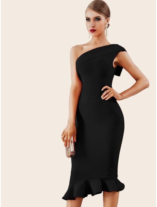 Shein ADYCE Ruffle Hem One Shoulder Bandage Pencil Dress