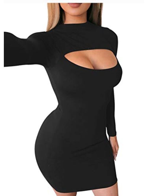 GOBLES Women's Sexy Long Sleeve Hollow Out Bodycon Party Club Mini Dress